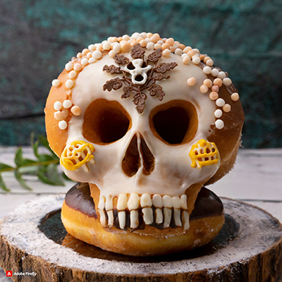 A donut in the shape of a skulll sits atop a chocolate donut on a lace doily