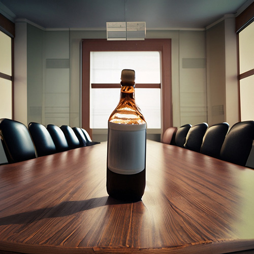 A dimly lit empty meeting room, in which a liquor bottle sits on a wood table, with rows of chairs alongside it